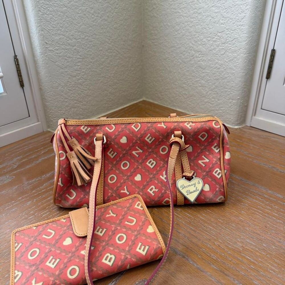 NWOT Vintage Dooney & Bourke Red Monogram Heart Barrel Bag & Matching Wallet